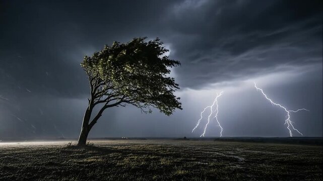 A solitary tree in a field during a dramatic lightning storm at night. Strong wind and rain under a dark sky. The power of nature concept