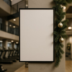 Large poster on gym wall decorated with fir branches and Christmas ornaments. Bright modern setting in festive atmosphere.