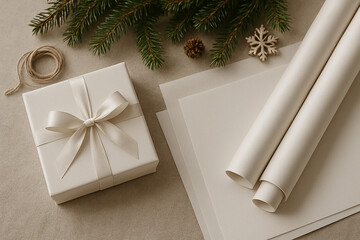 Light table with white blank sheets, wrapping paper rolls above and a white gift box on the side with Christmas branches and soft natural shadows.