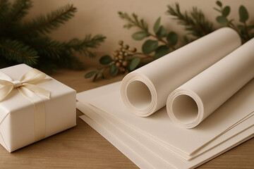 Light table with white blank sheets, wrapping paper rolls above and a white gift box on the side with Christmas branches and soft natural shadows.