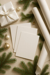Horizontal composition with white blank cards on a light neutral table. Christmas decor with fir branches, gift box and wrapping paper in soft natural light, Scandinavian minimal style.