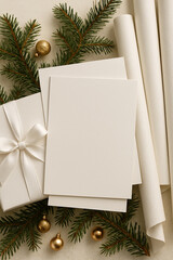 Vertical composition with white blank cards, gift on the left and wrapping paper on the right. Soft natural light and Christmas accents in neutral style.