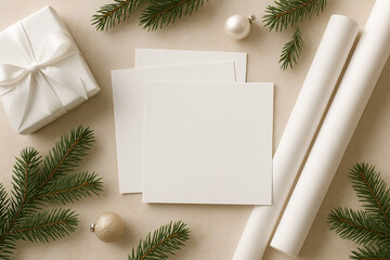 Horizontal composition with white blank cards on a light neutral table. Christmas decor with fir branches, gift box and wrapping paper in soft natural light, Scandinavian minimal style.