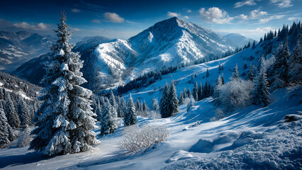 Paysage de montagne enneigé avec sapins et ciel bleu