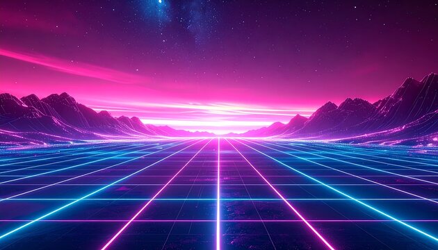 Synthwave landscape with neon grid converging towards a sunset, mountain range silhouette, and star-filled sky above