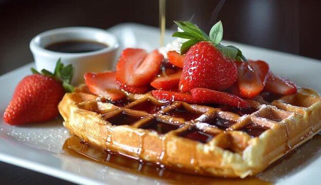 A close-up shot of a waffle topped with sweet syrup, perfect for breakfast or brunch