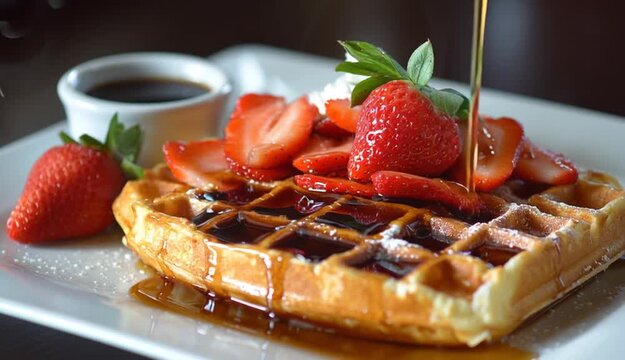 A close-up shot of a waffle topped with sweet syrup, perfect for breakfast or brunch