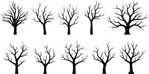 Bare winter trees silhouette collection, leafless tree branches design set, nature outline shape, seasonal forest elements, cad drawing flat vector illustration