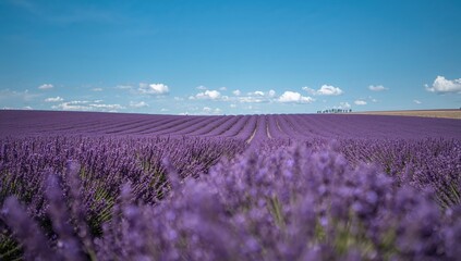 Expansive lavender fields stretch under a vibrant blue sky with fluffy white clouds, evoking tranquility and natural beauty.