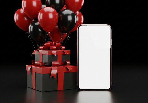 Celebrate massive savings with dynamic Black Friday visuals featuring shopping bags, gift boxes, balloons, and a modern smartphone for digital promotions.