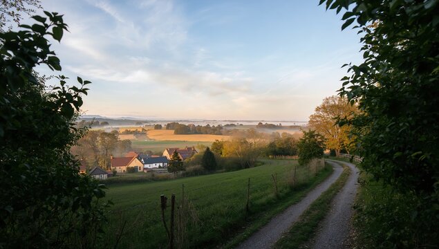 Serene countryside village awakens with golden sunrise mist painting rolling hills and a winding gravel path inviting exploration