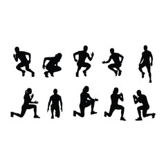 Silhouette of people doing different exercises set of workout poses for fitness and health