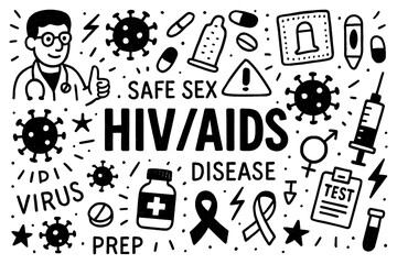 HIV AIDS awareness doodle with prevention, safe sex, and medical symbols, Transparent Background