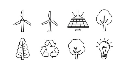 Fototapeta premium Eco-friendly future concept: An array of eco-friendly elements, with wind turbines, solar panels, trees, recycling symbols, and lightbulbs, illustrates sustainable practices.