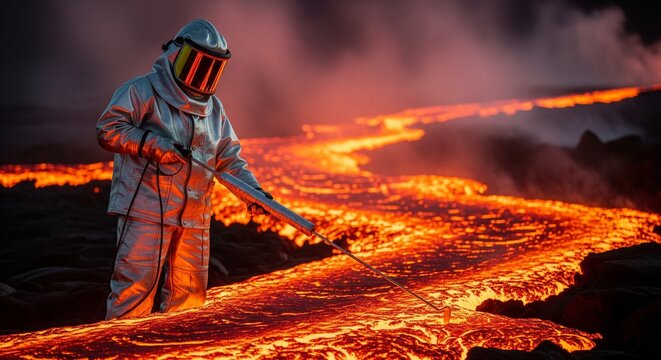 Scientist in Protective Gear Analyzing Flowing Lava at Volcano Site