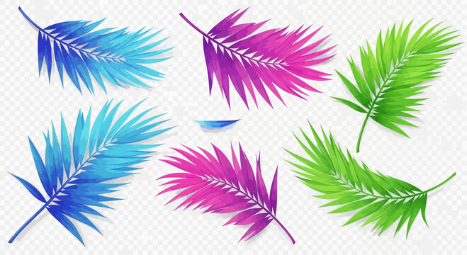 Vibrant tropical palm leaves in blue, green, and pink hues create a fresh, modern botanical vibe for stylish designs, evoking summer vacation memories