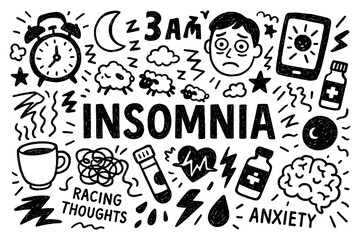 Insomnia and anxiety doodle with sleepless person, alarm clock, and night symbols, Transparent Background
