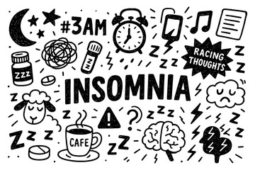 Insomnia and anxiety doodle with sleepless person, alarm clock, and night symbols, Transparent Background