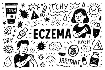 Eczema awareness doodle with itchy skin, rash, and moisturizing treatment icons, Transparent Background
