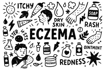Eczema awareness doodle with itchy skin, rash, and moisturizing treatment icons, Transparent Background