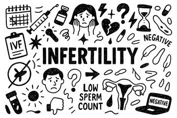 Infertility awareness doodle with sad couple, low sperm count, and reproductive system, Transparent Background