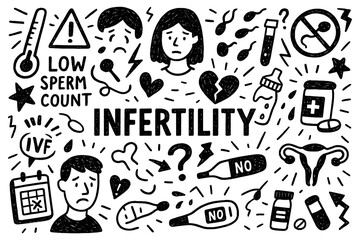 Infertility awareness doodle with sad couple, low sperm count, and reproductive system, Transparent Background