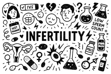 Infertility awareness doodle with sad couple, low sperm count, and reproductive system, Transparent Background