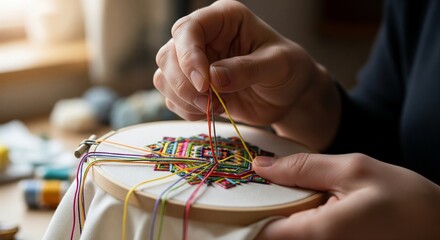 Hands Engaged in Colorful Handcrafted Embroidery with Threads