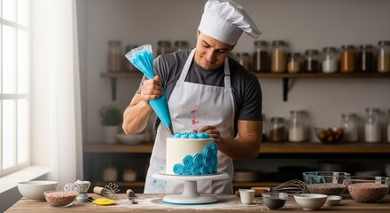 Expert Baker Decorating Cake with Blue Icing and Sprinkles