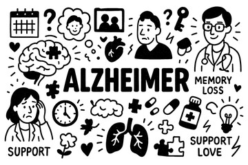 Alzheimer’s disease doodle composition with memory loss, brain, and elderly care icons, Transparent Background