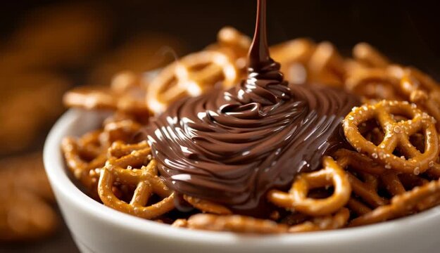 Close-up of pretzels in a bowl with chocolate being poured over