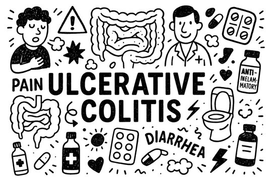 Ulcerative colitis doodle composition with digestive system, inflammation, and treatment icons, Transparent Background