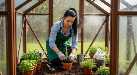 Woman Planting Herbs in Greenhouse, Indoor Gardening Activity