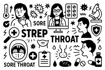 Strep throat medical doodle icons with sore throat and swollen tonsils in hand-drawn style, Transparent Background