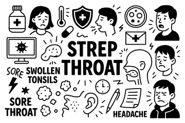 Strep throat medical doodle icons with sore throat and swollen tonsils in hand-drawn style, Transparent Background