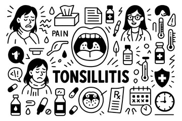 Tonsillitis medical doodle icons with throat pain and swelling symptoms in hand-drawn style, Transparent Background