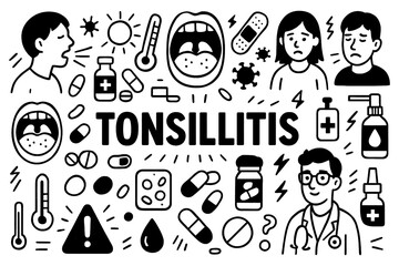 Tonsillitis medical doodle icons with throat pain and swelling symptoms in hand-drawn style, Transparent Background