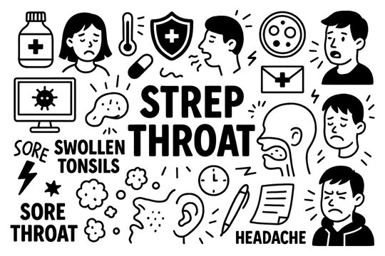 Strep throat medical doodle icons with sore throat and swollen tonsils in hand-drawn style, Transparent Background