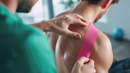 Physiotherapist applying pink kinesiology tape to patient's shoulder during rehabilitation session, focusing on injury recovery, muscle support and physical therapy treatment.