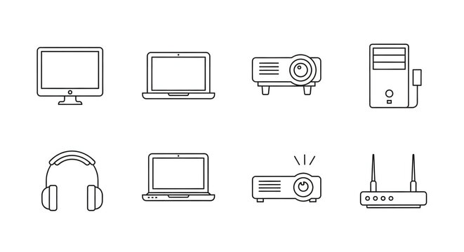 Technology Collection: Clean and modern set of essential technology icons, perfect for illustrating the core elements of modern digital life. 