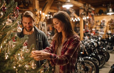 Happy couple decorating Christmas tree in garage