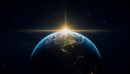 Naklejka premium a stunning view of earth from space with bright sunlight illuminating the planet s surface and surrounding stars high quality professional