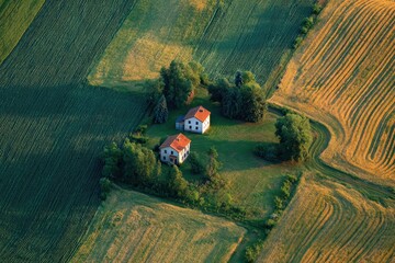 Aerial view shows two houses on green land between farm fields. Use as background for real estate or nature conservation project.