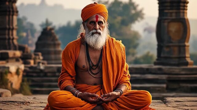 Serene sadhu meditating outdoors in orange robes, finding inner peace and tranquility.