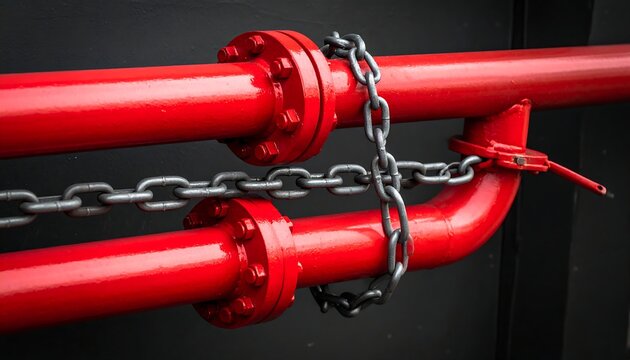 Two parallel red pipes, connected by flanges, adorned with a silver chain, contrast against a dark background