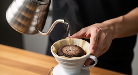 Close-up of a person pouring hot water into ground coffee using a dripper and filter, manual brewing method on wooden table.