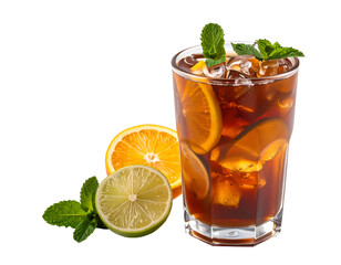 Fototapeta premium A refreshing glass of iced citrus tea garnished with mint leaves and surrounded by slices of orange and lime