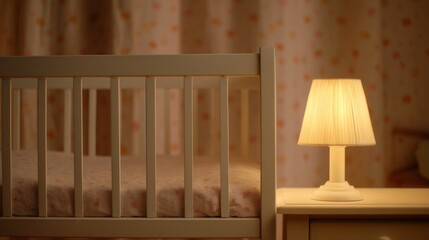 A serene child's bedroom glows softly with a lamp beside a white crib. The space feels inviting and calm, perfect for restful nights and sweet dreams, with gentle patterns on the curtains