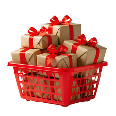 Red shopping basket overflowing with wrapped gifts tied with red ribbon