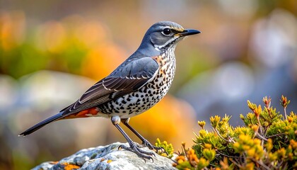 A stunning shot of a songbird perched on a rock, with mottled breast feathers, vibrant wing colors, and striking eye detail